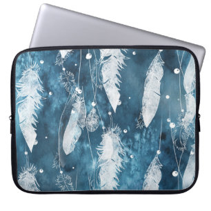 Falling white feathers, blue watercolor. laptop sleeve