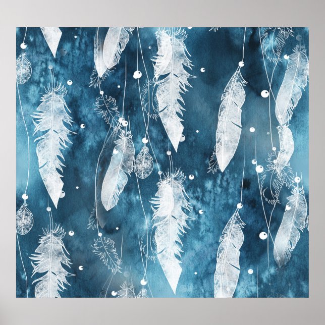Falling white feathers, blue watercolor. poster (Front)