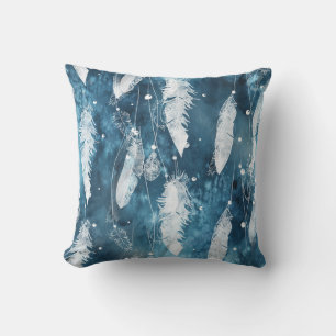 Falling white feathers, blue watercolor. throw pillow