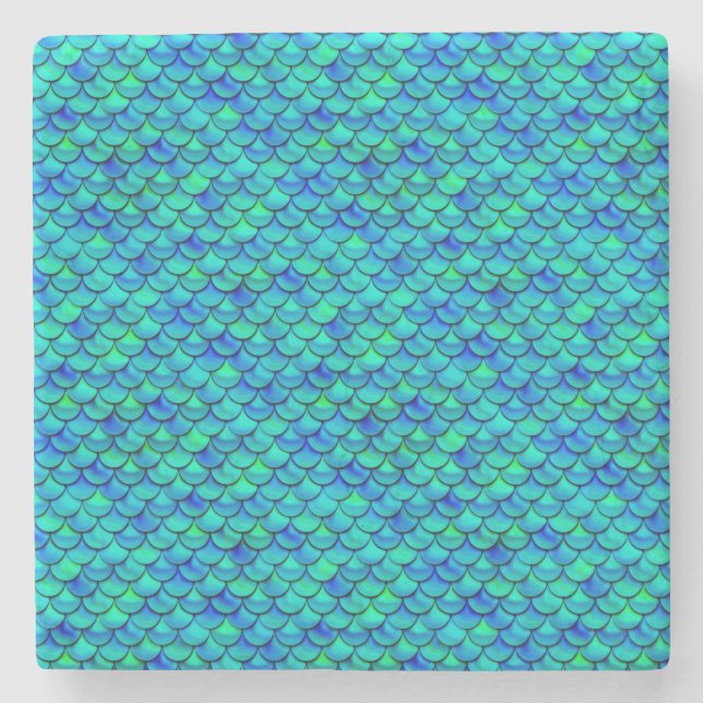 Falln Aqua Blue Scales Stone Coaster (Front)