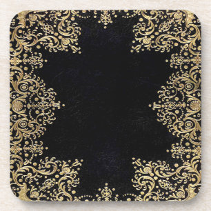 Falln Black And Gold Filigree Coaster