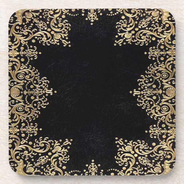 Falln Black And Gold Filigree Coaster (Front)