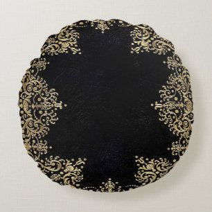 Falln Black And Gold Filigree Round Pillow