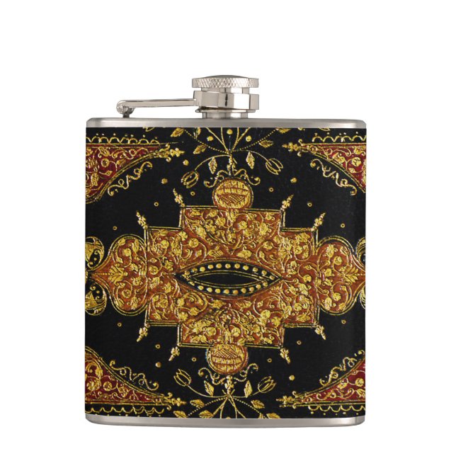 Falln Black and Gold Floral Hip Flask (Front)