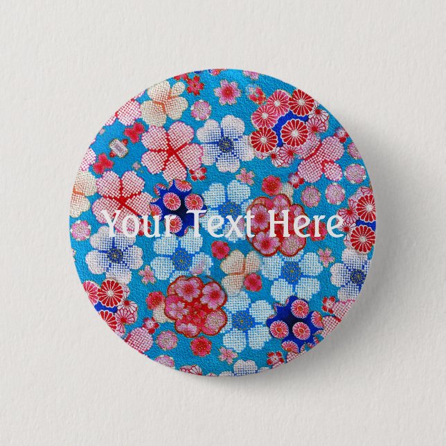 Falln Blue Cascading Floral Chirimen 2 Inch Round Button (Front)