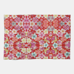 Falln Crimson Floral Chirimen Kitchen Towel