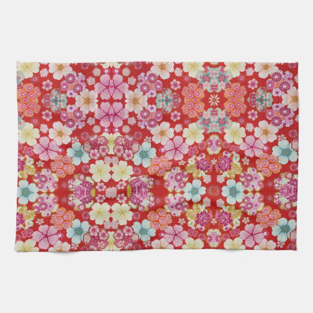 Falln Crimson Floral Chirimen Kitchen Towel (Horizontal)