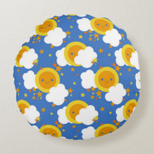 Falln Kawaii Moon, Stars, Sunshine Round Pillow