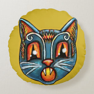 Falln Scaredy Cat Vintage Halloweenies Round Pillow
