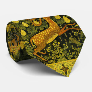 FALLOW DEER,FLOWERS CHESTNUT TREE Green Yellow Tie