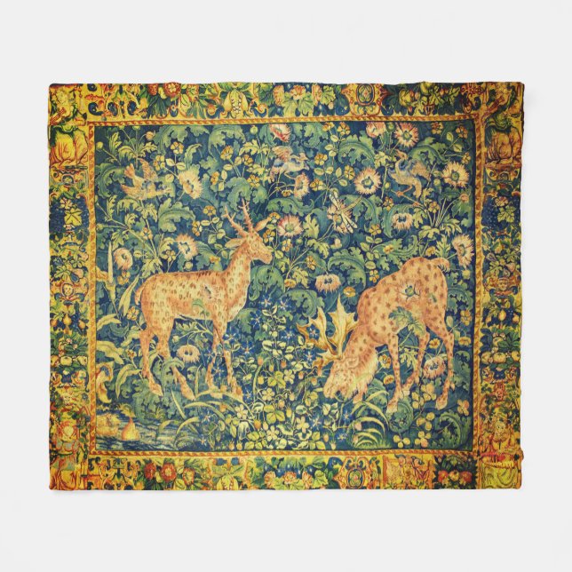 FALLOW DEER PAIR,GOTHIC FANTASY FLOWERS,Green Fleece Blanket (Front (Horizontal))