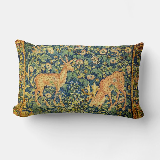 FALLOW DEER PAIR,GOTHIC FANTASY FLOWERS,Green Lumbar Pillow (Front)