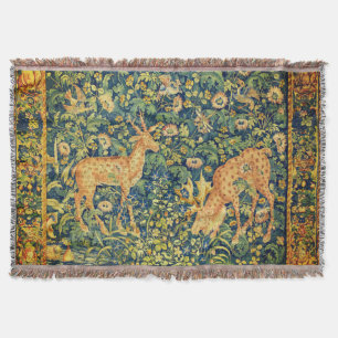 FALLOW DEER PAIR,GOTHIC FANTASY FLOWERS,Green Throw Blanket
