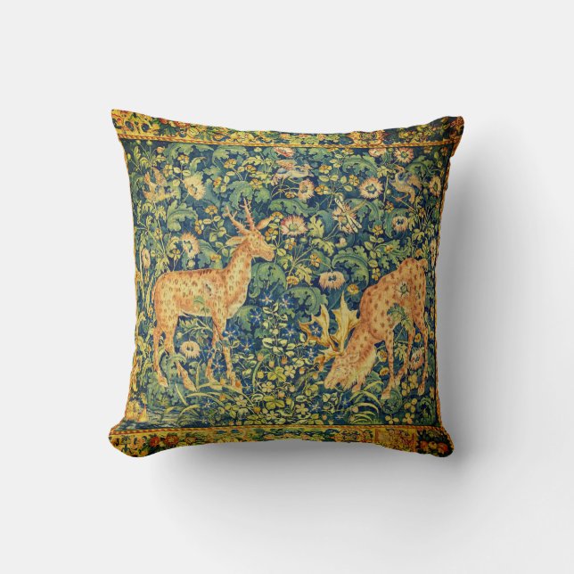 FALLOW DEER PAIR,GOTHIC FANTASY FLOWERS,Green Throw Pillow (Front)