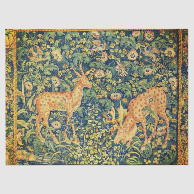 FALLOW DEER PAIR,GOTHIC FANTASY FLOWERS,Green Tissue Paper (Front)