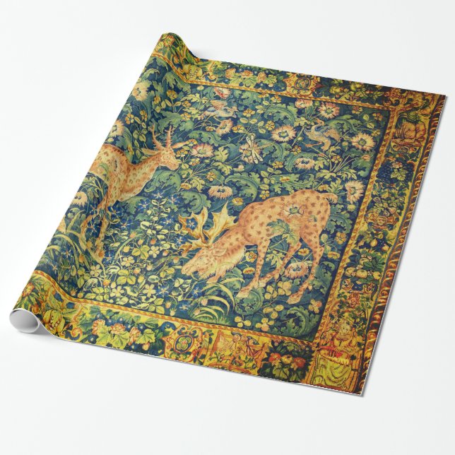 FALLOW DEER PAIR,GOTHIC FANTASY FLOWERS,Green Wrapping Paper (Unrolled)