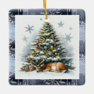 Fallow Deer Sleeping Under Christmas Tree Holiday Ceramic Ornament