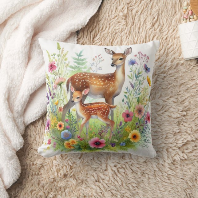 Fallow Doe Deer Fawn and Wildflowers  Throw Pillow (Blanket)