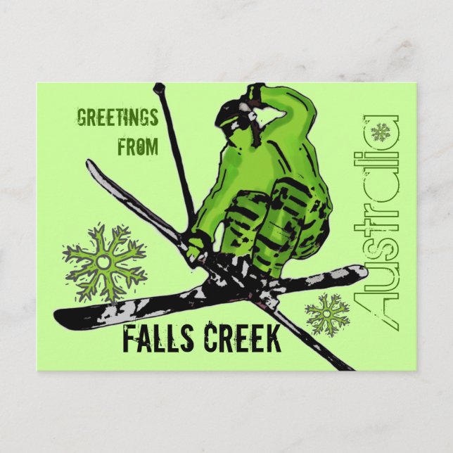 Falls Creek Australia green theme ski postcard (Front)