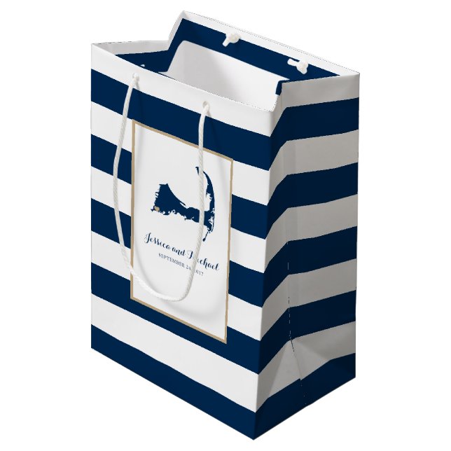 Falmouth Cape Cod Map with Gold Heart Blue Stripes Medium Gift Bag (Front Angled)