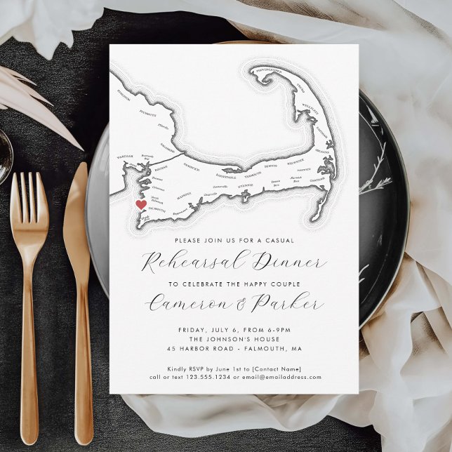 Falmouth MA Casual Wedding Rehearsal Dinner Invitation (Falmouth MA Casual Wedding Rehearsal Dinner Invitation in Black and White from Coastal Map Designs)