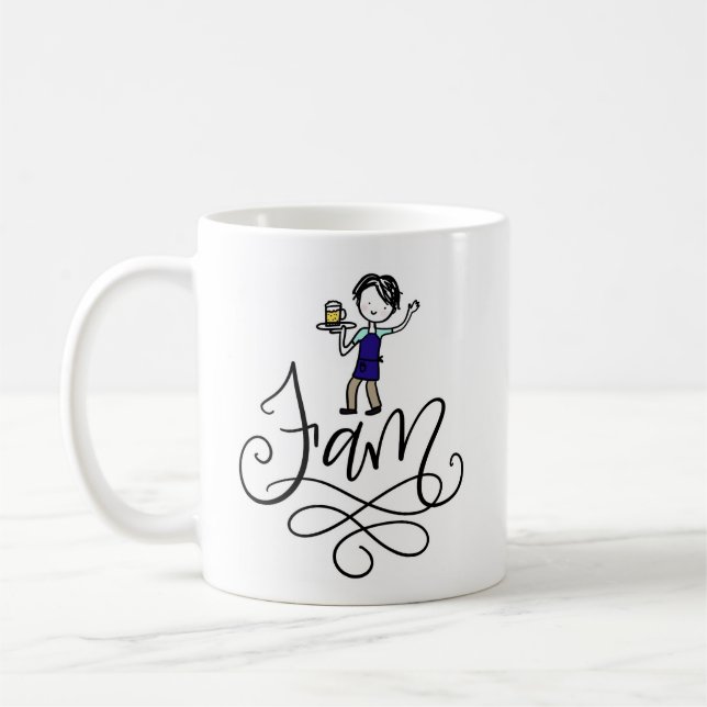 Fam, custom illustrated and hand lettered coffee mug (Left)