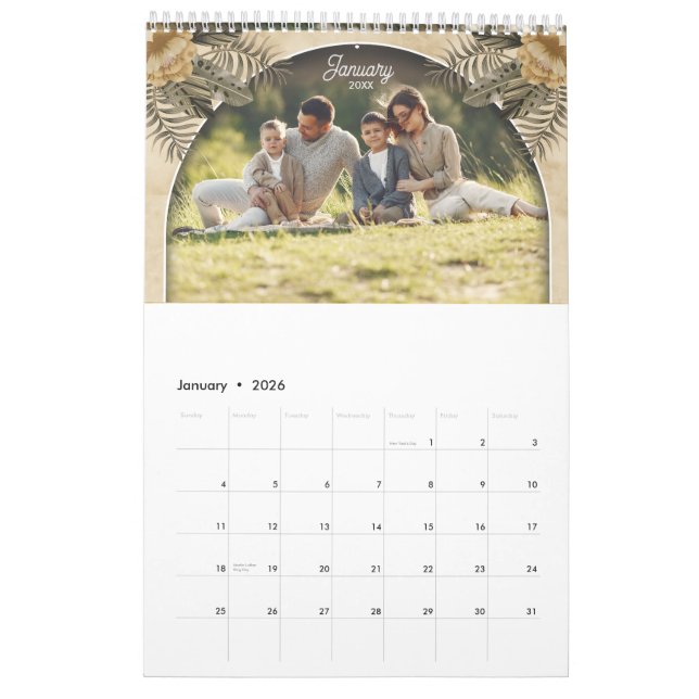 Famille Mémoire photo Elegant Boho Calendrier grap (Jan 2026)