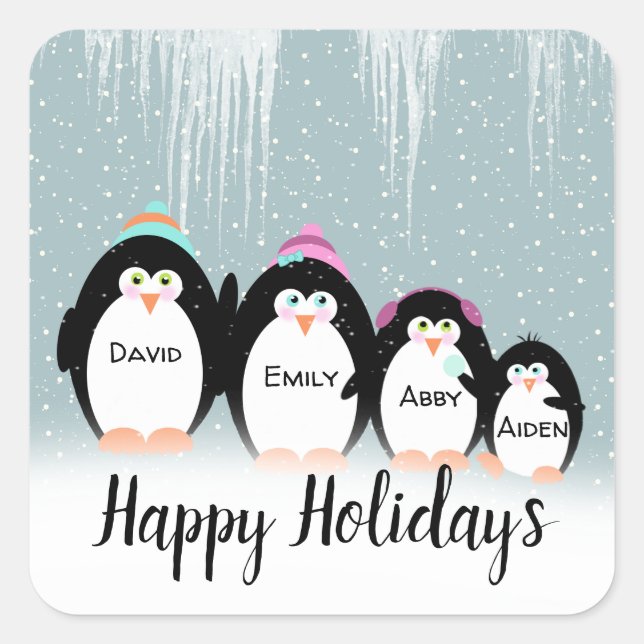 Famille Penguin De Noël En Sticker Carré De Neige (Devant)