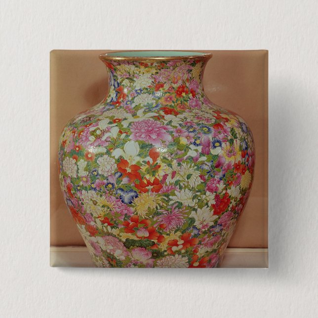 Famille Rose vase with a mille fleurs 2 Inch Square Button (Front)