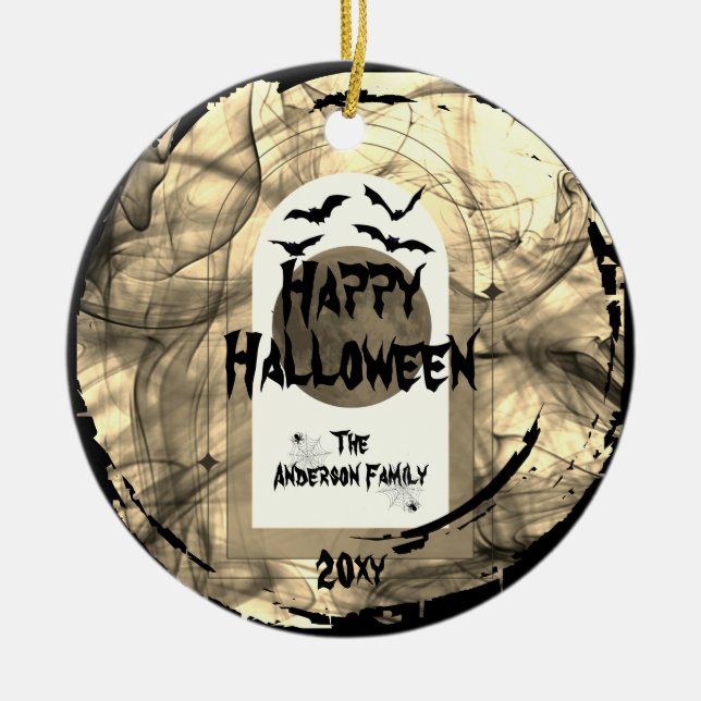 Familly Photo Keepsake Spooky Happy Halloween Ceramic Ornament (Front)