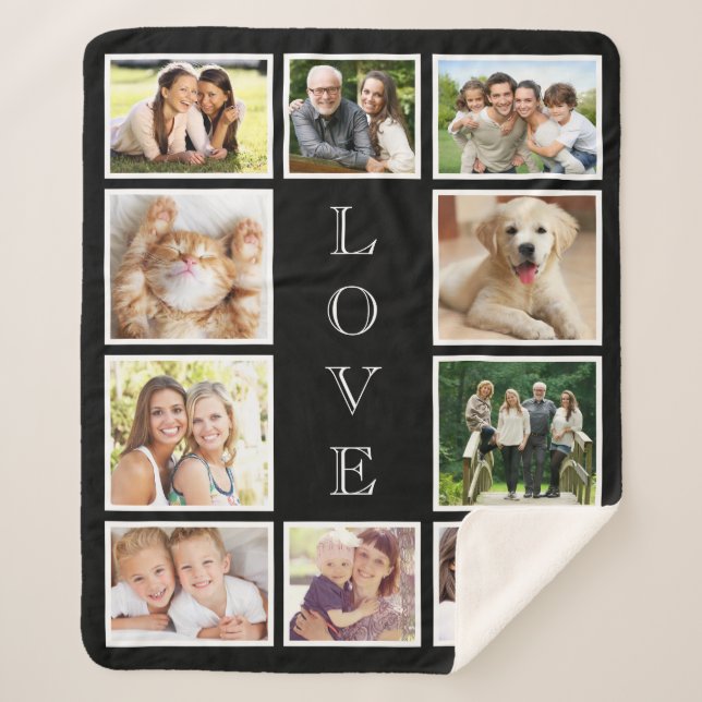 Family 10 Photo Collage Black Sherpa Blanket (Front)