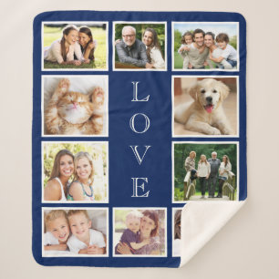 Family 10 Photo Collage Navy Blue Sherpa Blanket