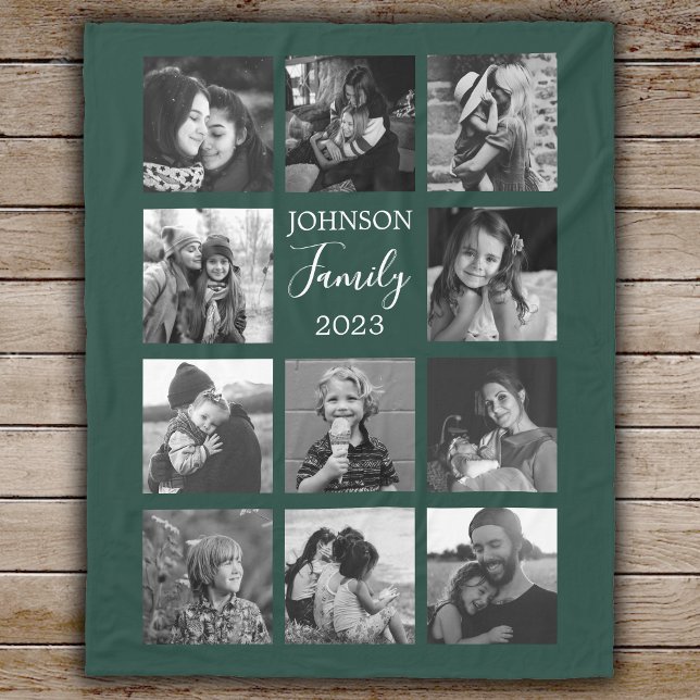 Family 11 Photo Collage Dark Green Fleece Blanket (Creator Uploaded)