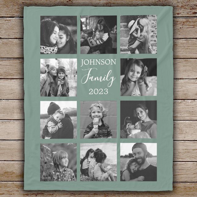 Family 11 Photo Collage Dusty Green Fleece Blanket (Creator Uploaded)