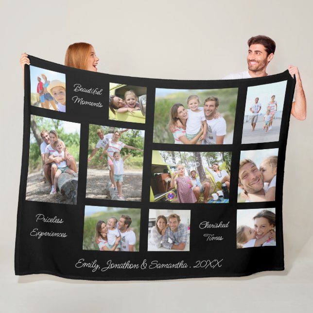 Family 11 Photo Collage Sentimental Quotes Black Fleece Blanket (In Situ)