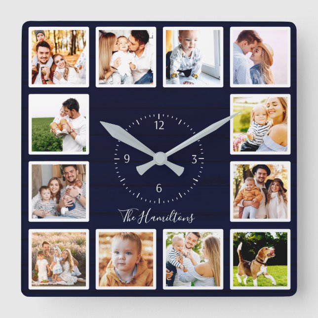 Family 12 Photos Collage Dark Blue Wood Square Wall Clock (Front)