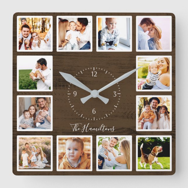 Family 12 Photos Collage Farmhouse Rustic Wood Square Wall Clock (Front)