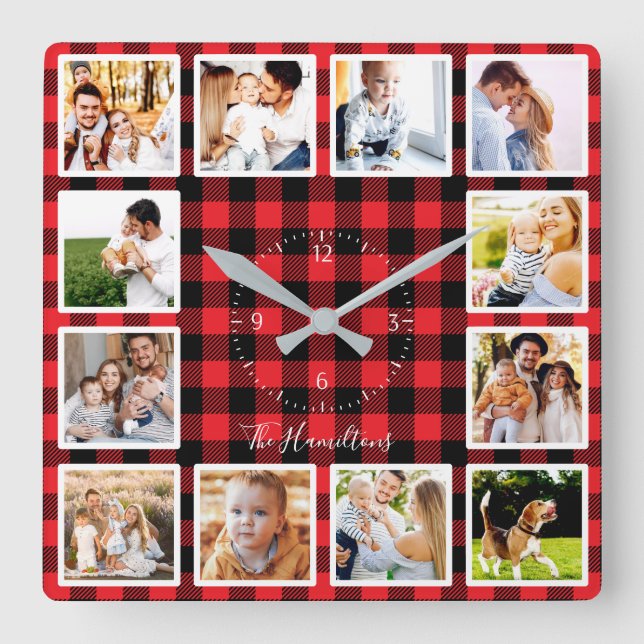 Family 12 Photos Collage Rustic Lumberjack Pattern Square Wall Clock (Front)