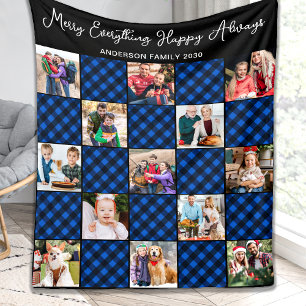 Family 13 Photo Collage Personalized Blue Plaid  Fleece Blanket