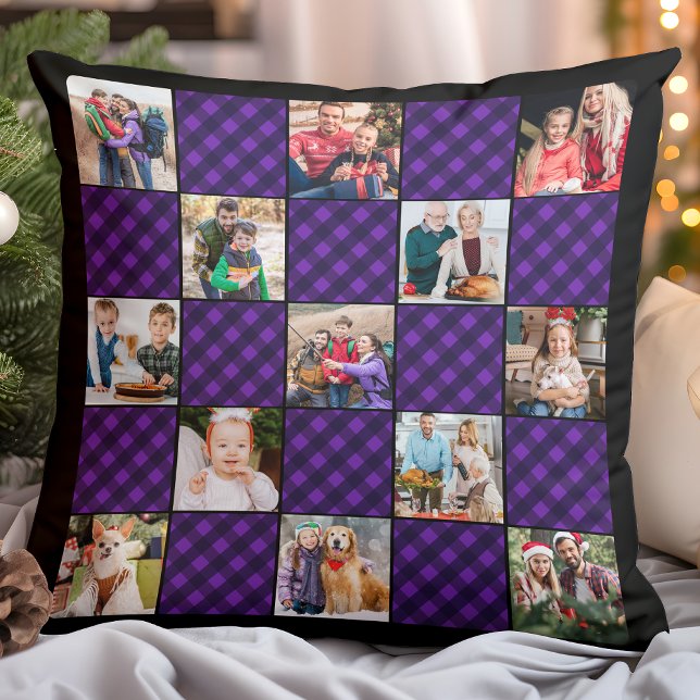 Family 13 Photo Collage Personalized Holiday Plaid Throw Pillow (Creator Uploaded)