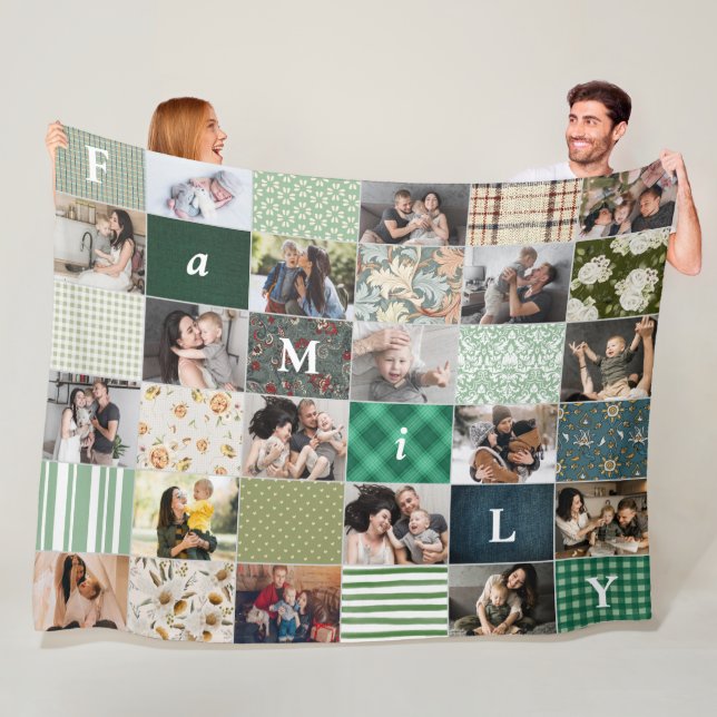 Family 18-Photo Collage Patchwork Quilt Style Fleece Blanket (In Situ)