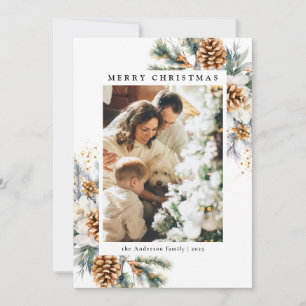 Family 1 Photo Botanical Pine Tree Black Christmas Holiday Card