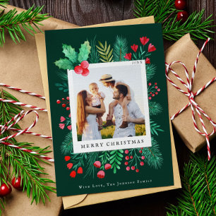 Family 1 Photo Hand Painted Watercolor Florals  Holiday Card