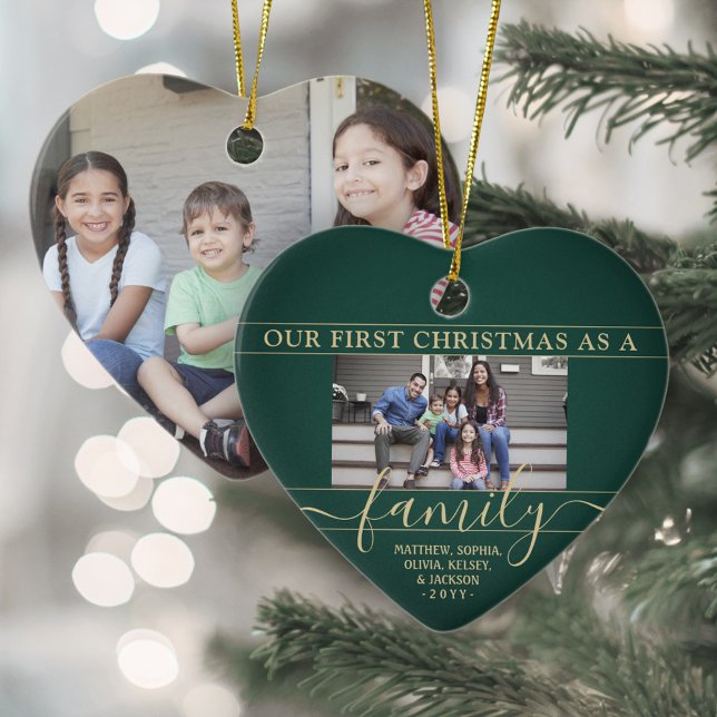 Family 2 Photo First Christmas Green & Gold Heart Ceramic Ornament (Creator Uploaded)
