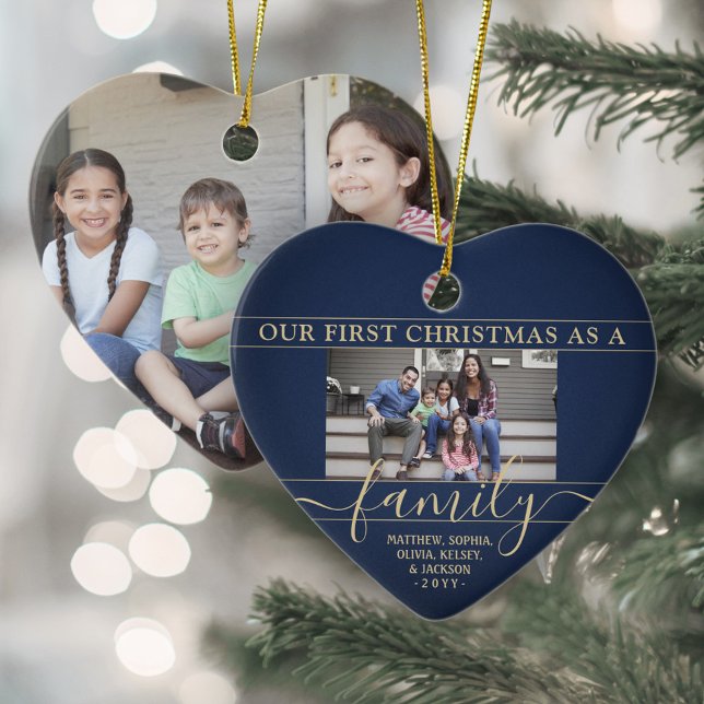 Family 2 Photo First Christmas Navy Blue and Gold Ceramic Ornament (Creator Uploaded)