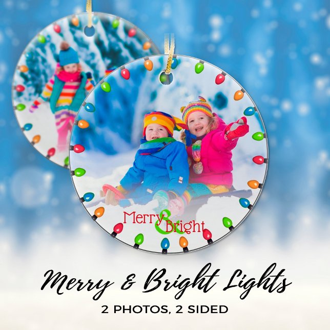 Family 2 Photo String of Christmas Lights Modern Ceramic Ornament (Creator Uploaded)