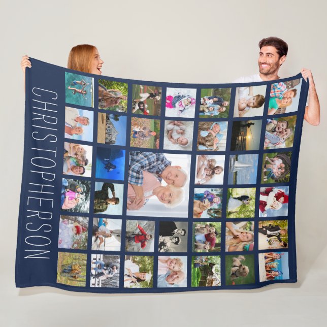Family 39 Photo Collage Personalized Navy Blue Fleece Blanket (In Situ)