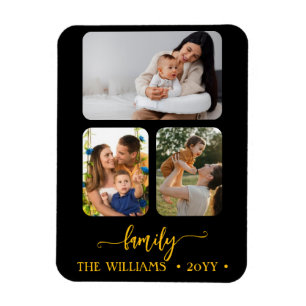 family 3 photo collage black gold script magnet