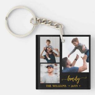 family 3 photo collage black gold script magnet keychain