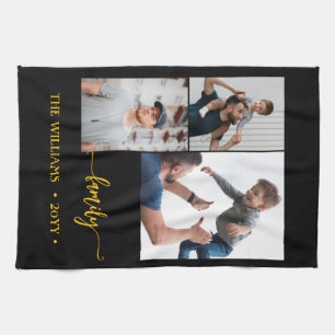 family 3 photo collage black gold script magnet kitchen towel